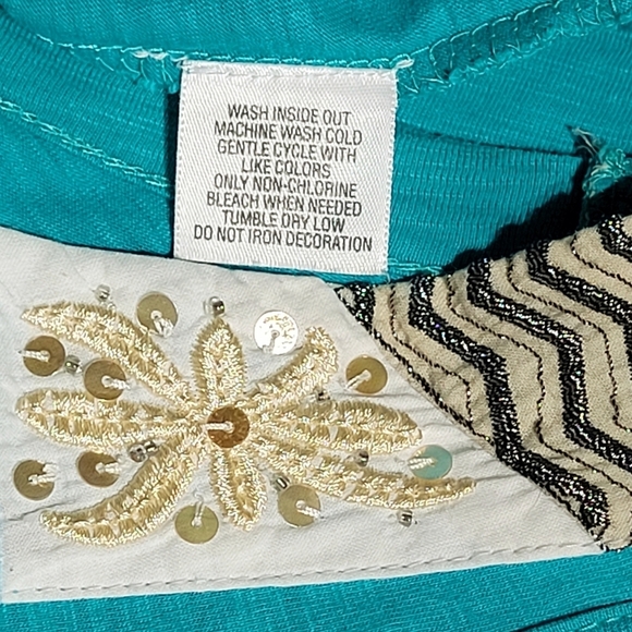 Style & co.  Beads, Sequins & Embroidered Turquoise Cotton Top (L) - Picture 8 of 9